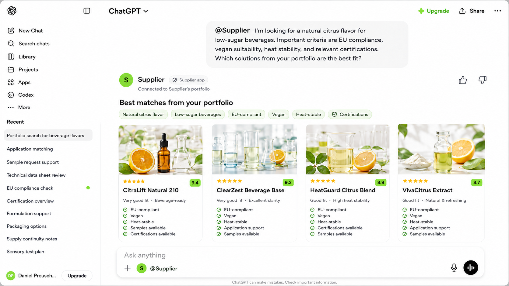AI Sourcing Query in ChatGPT showing ingredient supplier matches
